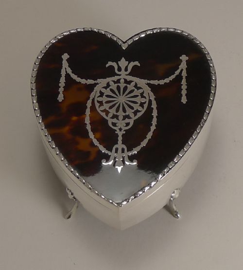 Large Antique English Silver & Tortoiseshell Heart Jewellery Box by James Deakin & Sons