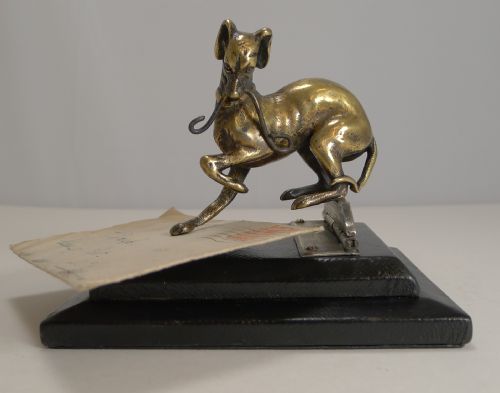 Stunning Antique English Cast Bronze and Leather Letter / Desk Clip - Dog - Greyhound
