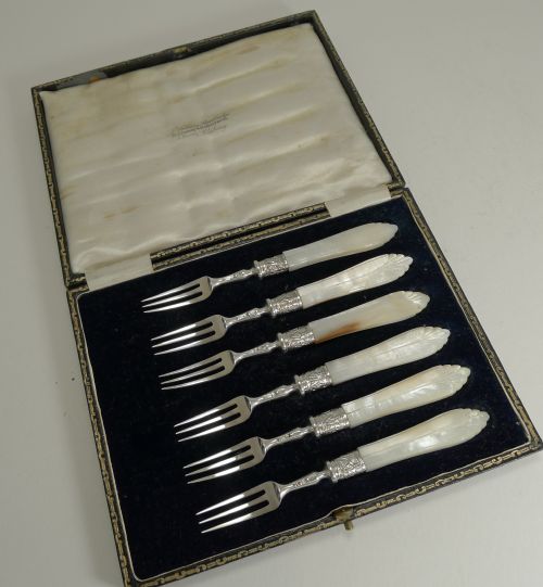Antique English Sterling Silver & Mother of Pearl Cake or Desert Forks - 1906