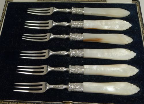 fig 1. Antique English Sterling Silver & Mother of Pearl Cake or Desert Forks - 1906