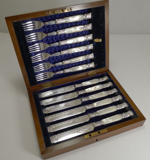Fine Set Silver Plate and Mother of Pearl Fruit / Desert Knives and Forks