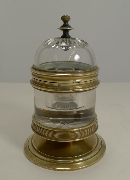 Unusual Large Antique English Crystal and Brass Inkwell C.1880