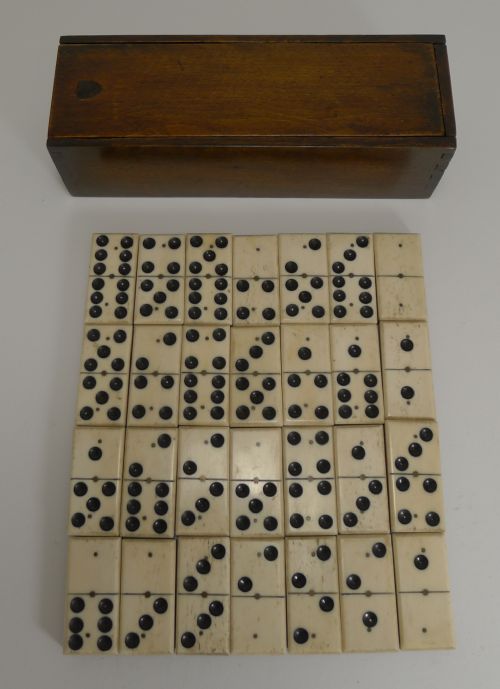 Antique English Boxed Set Bone & Ebony Wood Dominoes C.1890