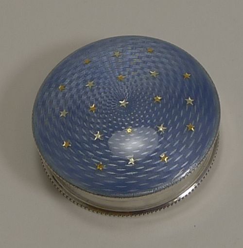 English Sterling Silver & Guilloche Enamel Box - Gold Stars