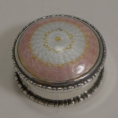Pretty Antique English Sterling Silver & Guilloche Enamel Pill Box