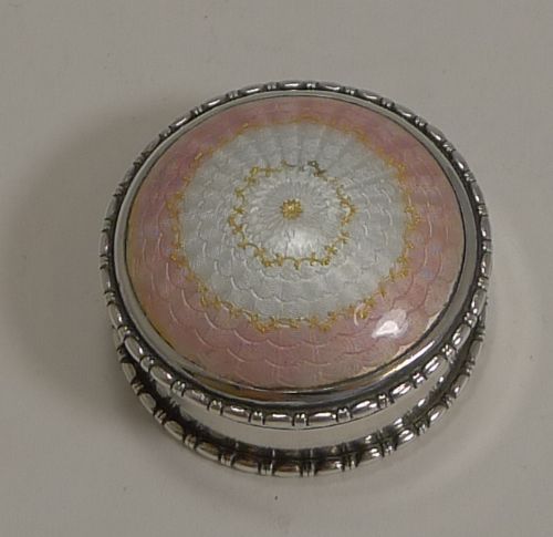 fig 1. Pretty Antique English Sterling Silver & Guilloche Enamel Pill Box