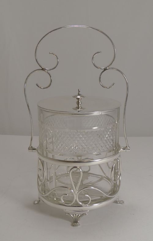 Antique English Cut Crystal and Silver Plate Biscuit Box C.1900
