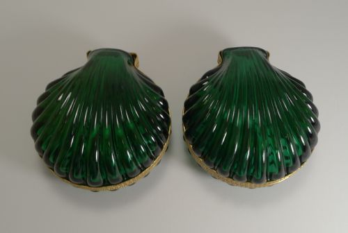 Striking Pair French Emerald Crystal Shell Shaped Jewellery Boxes C.1920