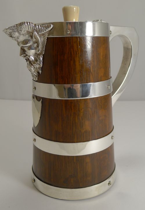 Antique English Coopered Oak Water Jug - Figural Spout C.1890