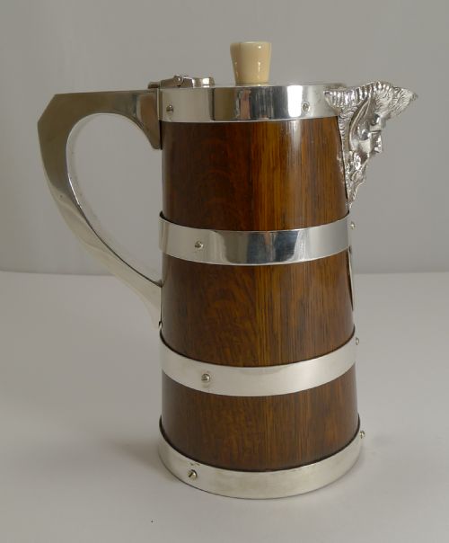fig 1. Antique English Coopered Oak Water Jug - Figural Spout c.1890