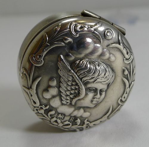 Charming Antique Sterling Silver Pill Box - Winged Cherub / Angel - 1906