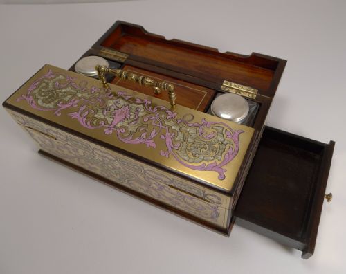 Finest Antique French Pink "Boulle" Inkwell / Desk Set C.1830