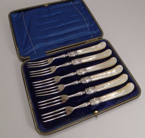 Antique English Sterling Silver & Mother of Pearl Cake or Desert Forks - 1900