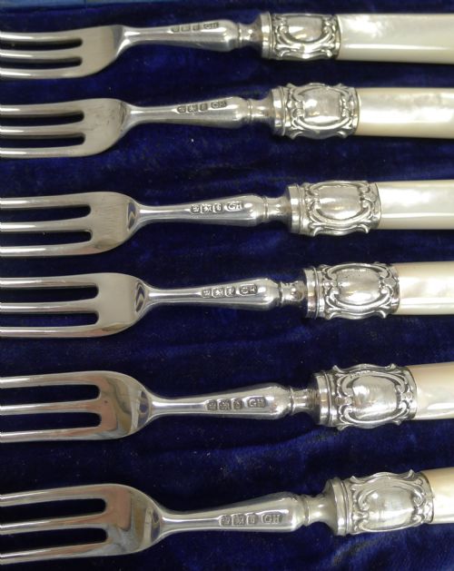 fig 1. Antique English Sterling Silver & Mother of Pearl Cake or Desert Forks - 1900