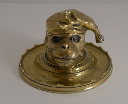 Antique English Figural Inkwell - Monkey with Glass Eyes C.1880