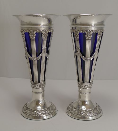 Stunning Pair Antique English Sterling Silver Vases by Walker and Hall