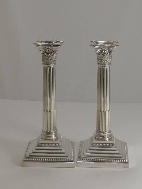 Classic Pair Silver Plate Corinthian Column Candlesticks by Elkington - 1929