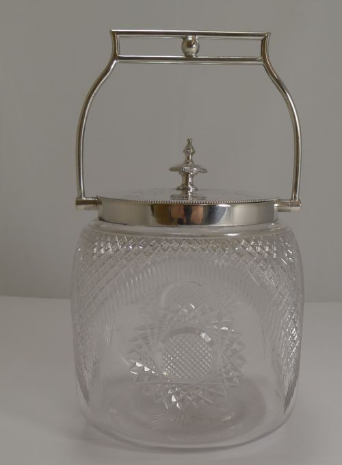Beautiful English Cut Crystal and Silver Plate "Dimple" Biscuit Box C.1900