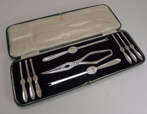 Antique English Silver Plated Lobster Picks and Crackers by Thomas Bradbury