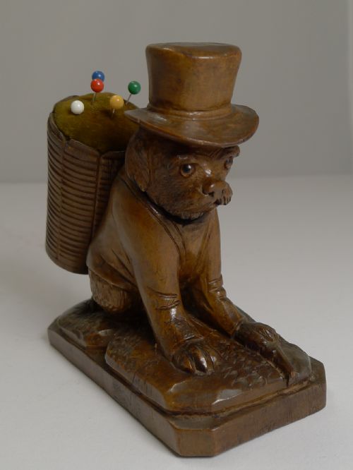 Charming Novelty Black Forest Dog Pin Cushion and Thimble Case C.1890
