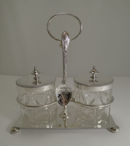 Antique English Cut Crystal and Silver Plate Double Preserve Jars on Stand C.1900