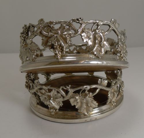 Finest Pair Antique English Silver Plate Wine Coasters by Elkington - 1854