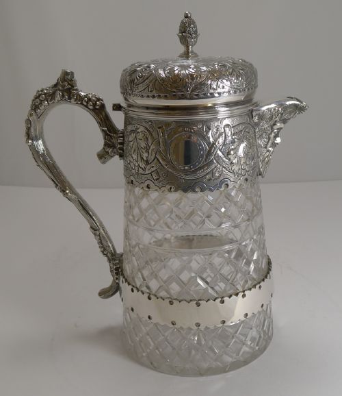 OUTSTANDING ANTIQUE ENGLISH CUT CRYSTAL AND SILVER PLATE WINE JUG C1880 - ADDITIONAL PHOTO 1
