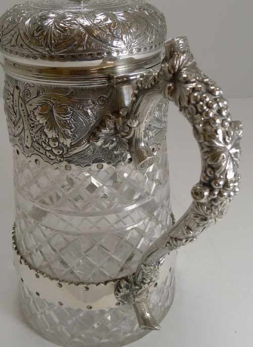 OUTSTANDING ANTIQUE ENGLISH CUT CRYSTAL AND SILVER PLATE WINE JUG C1880 - ADDITIONAL PHOTO 3