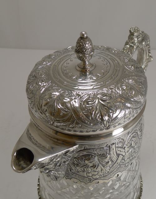 OUTSTANDING ANTIQUE ENGLISH CUT CRYSTAL AND SILVER PLATE WINE JUG C1880 - ADDITIONAL PHOTO 5