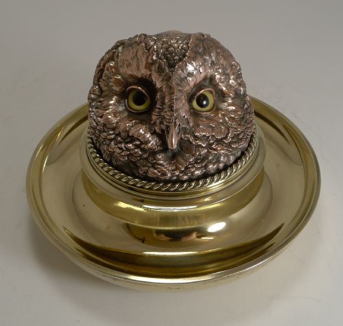 Rare Mammoth English Victorian Novelty Inkwell - Owl with Glass Eyes C.1880