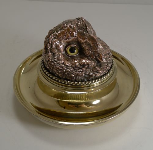fig 1. Rare Mammoth English Victorian Novelty Inkwell - Owl With Glass Eyes c.1880
