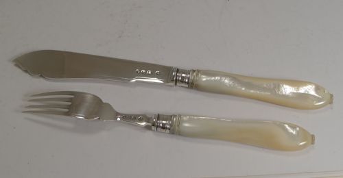fig 1. Antique English Sterling Silver and Mother of Pearl Fish Servers - 1895