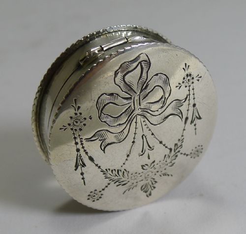 Antique English Sterling Silver Pill Box - Ribbons and Bows