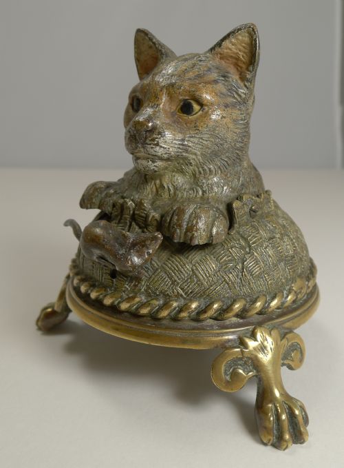 Very Rare Cold Painted Bronze Novelty Mechanical Bell - Cat and Mouse C.1900