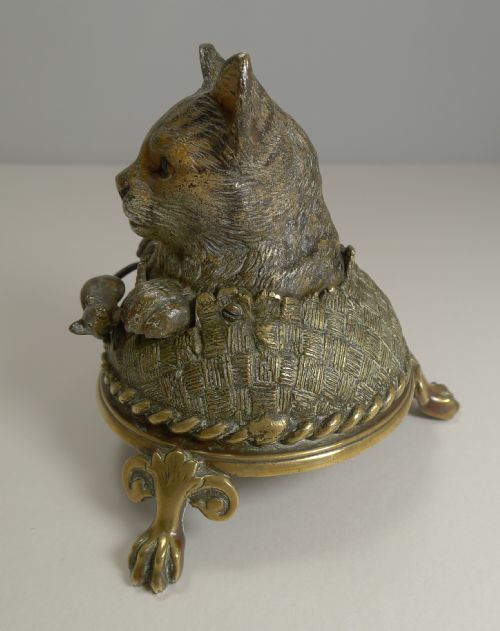 fig 1. Very Rare Cold Painted Bronze Novelty Mechanical Bell - Cat and Mouse c.1900