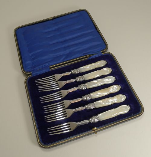 Antique English Sterling Silver & Mother of Pearl Cake or Desert Forks - 1863



