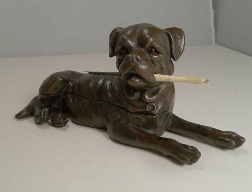 HANDSOME LARGE BULLMASTIFF TRIPLE INKWELL C1900 DOG - ADDITIONAL PHOTO 1