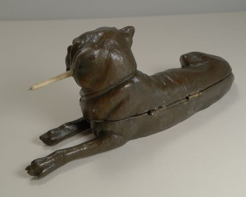HANDSOME LARGE BULLMASTIFF TRIPLE INKWELL C1900 DOG - ADDITIONAL PHOTO 3