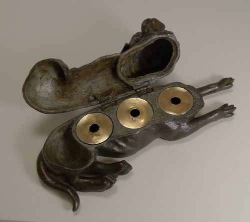 HANDSOME LARGE BULLMASTIFF TRIPLE INKWELL C1900 DOG - ADDITIONAL PHOTO 6