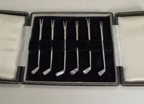 Boxed Set Six Golf Club Cocktail Sticks C.1930