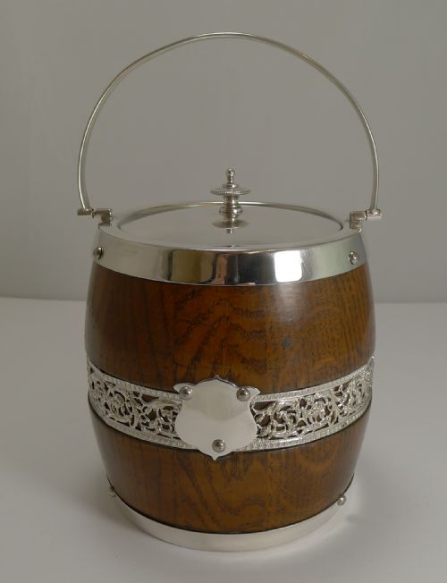 Antique English Oak and Silver Plate Biscuit Box / Barrel C.1900