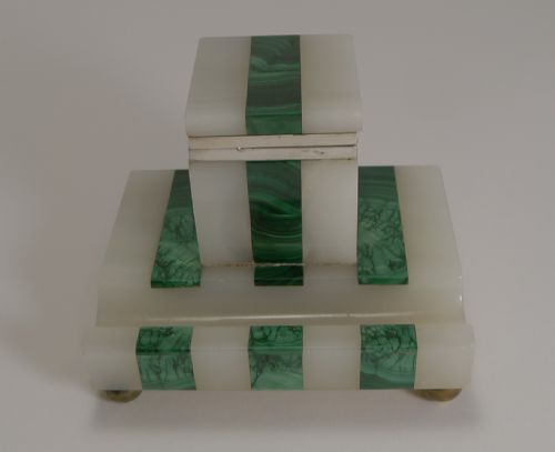 Art Deco Onyx, Malachite and Sterling Silver Inkwell by John Griffith & Sons