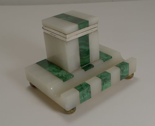 fig 1. Art Deco Onyx, Malachite and Sterling Silver Inkwell by John Griffith & Sons