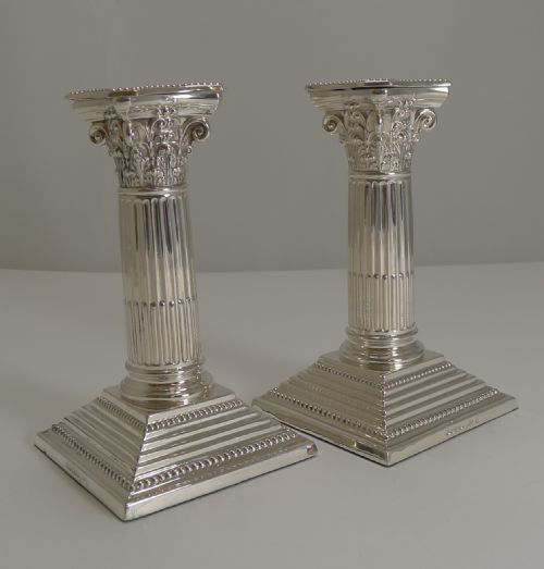 Pair Antique English Silver Plated Candlesticks - Corinthian Columns