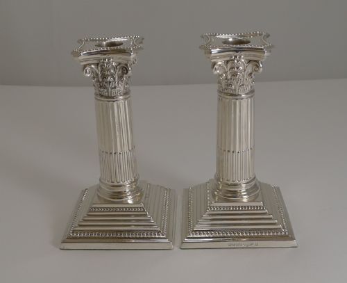 fig 1. Pair Antique English Silver Plated Candlesticks - Corinthian Columns