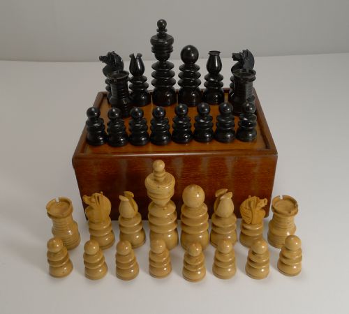 Antique English Regency Style Chess Set in Wooden Case C.1900