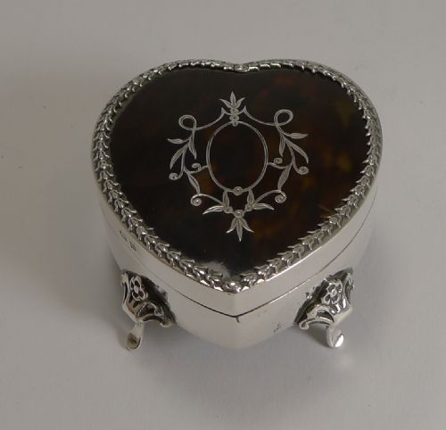 Antique English Silver and Tortoiseshell Heart Jewellery / Ring Box