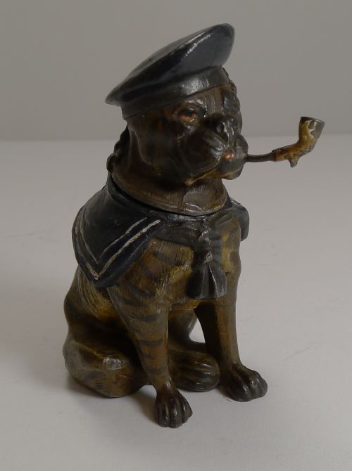 Antique English Painted Spelter Novelty Inkwell - Sailor Bulldog C.1900
