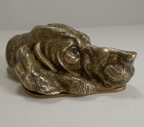 Large Antique English Figural Brass Letter Clip - Dog - Spaniel C.1880