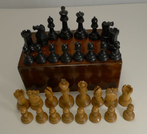 fig 1. Antique English Boxwood Chess Set With Storage Box c.1910